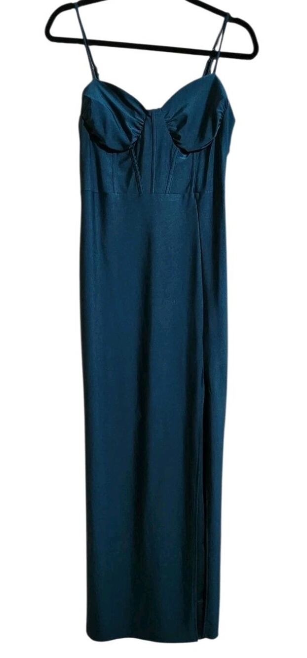 E.L.H. Studio Maxi Dress Women's L Blue Bodycon Stretch Corset Slit Adj Straps